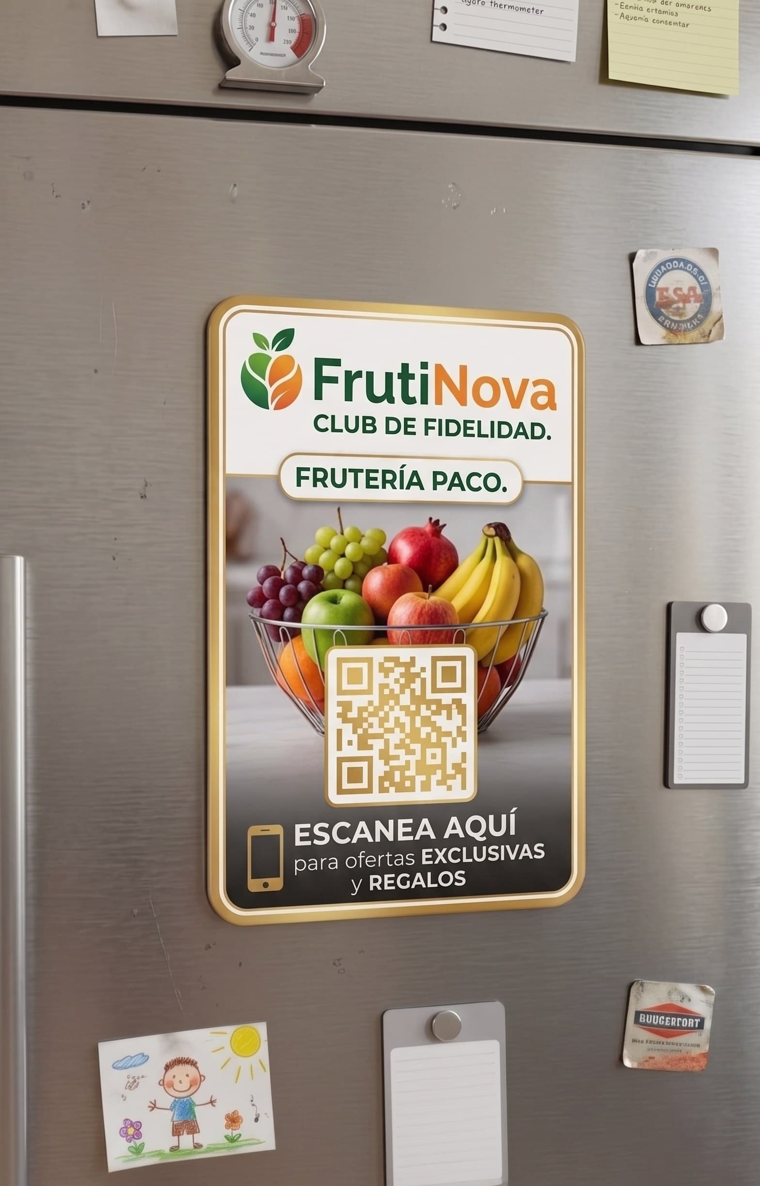 Imán de FrutiNova en la nevera de un cliente