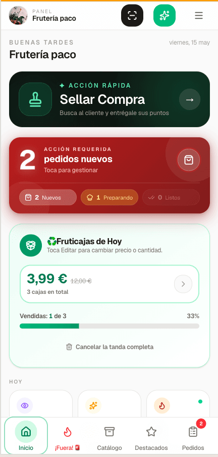 Panel de gestión FrutiNova en móvil